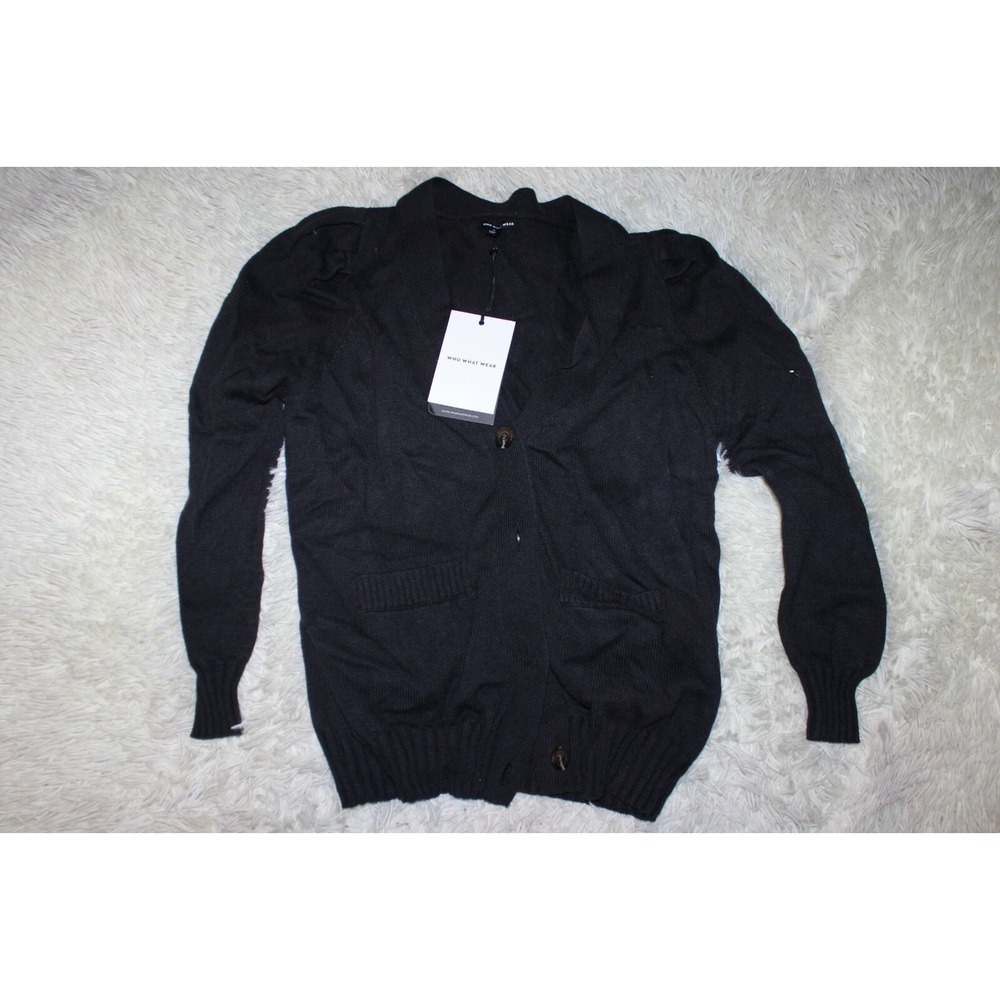 Women's WHO WHAT WEAR Button Up Cardigan Sweater size Small Solid Black NEW